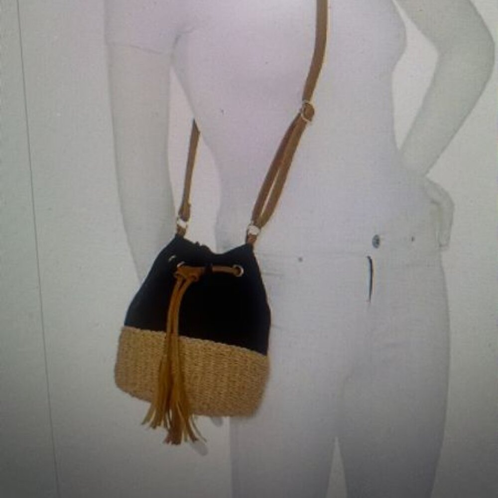 BLACK LINEN TWO TONE BUCKET CROSSBODY - BRAND NEW WITH TAGS